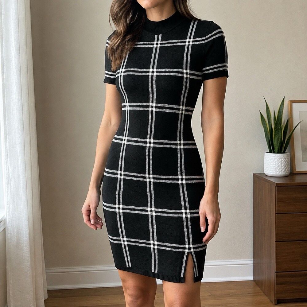 Abercrombie & Fitch XS Black White Plaid Knit Mock Neck Bodycon Midi Dress